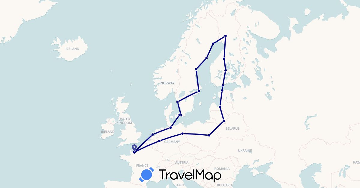 TravelMap itinerary: driving in Germany, Denmark, Estonia, Finland, France, Lithuania, Latvia, Netherlands, Poland, Sweden (Europe)